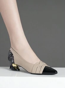 新款亮片高跟鞋，女款，蓝色、黑色、杏色、卡其色、银色，粗跟时尚女鞋 - 卡其色 - 查看 7