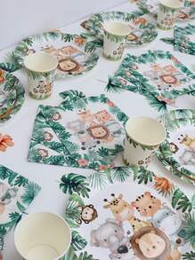 106/61pcs Jungle Animal Theme Tableware Set Palm Leaves Print Paper Plates Cups Straws Tablecloth Napkins Birthday Table Decoration Wild One Forest Safari Birthday Party Supplies