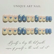 Juego De 24 Uñas Postizas Ovaladas Cortas En Azul Transparente Y Diseño De Corazón Minimalista, Estilo Dibujado A Mano, Para Uso Diario - Azul y blanco - Ver 2