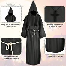 Disfraz De Monje Negro De Halloween, Túnica De Medieval Renacentista Con Capucha, 1 Ud. - Negro - Ver 3