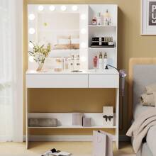 AYYDS Dressing Table With LED Lighting, White Dressing Table With Mirror And Charging Station, Dressing Table With 2 Drawers And 3 Shelves, Mirror Dressing Table With Lighting, Dressing Table - White - View 3