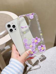 Purple Flower Pattern Airbag Phone Case + Silicone Cord Compatible With Iphone 13/14/15 Pro Max - Purple - View 3