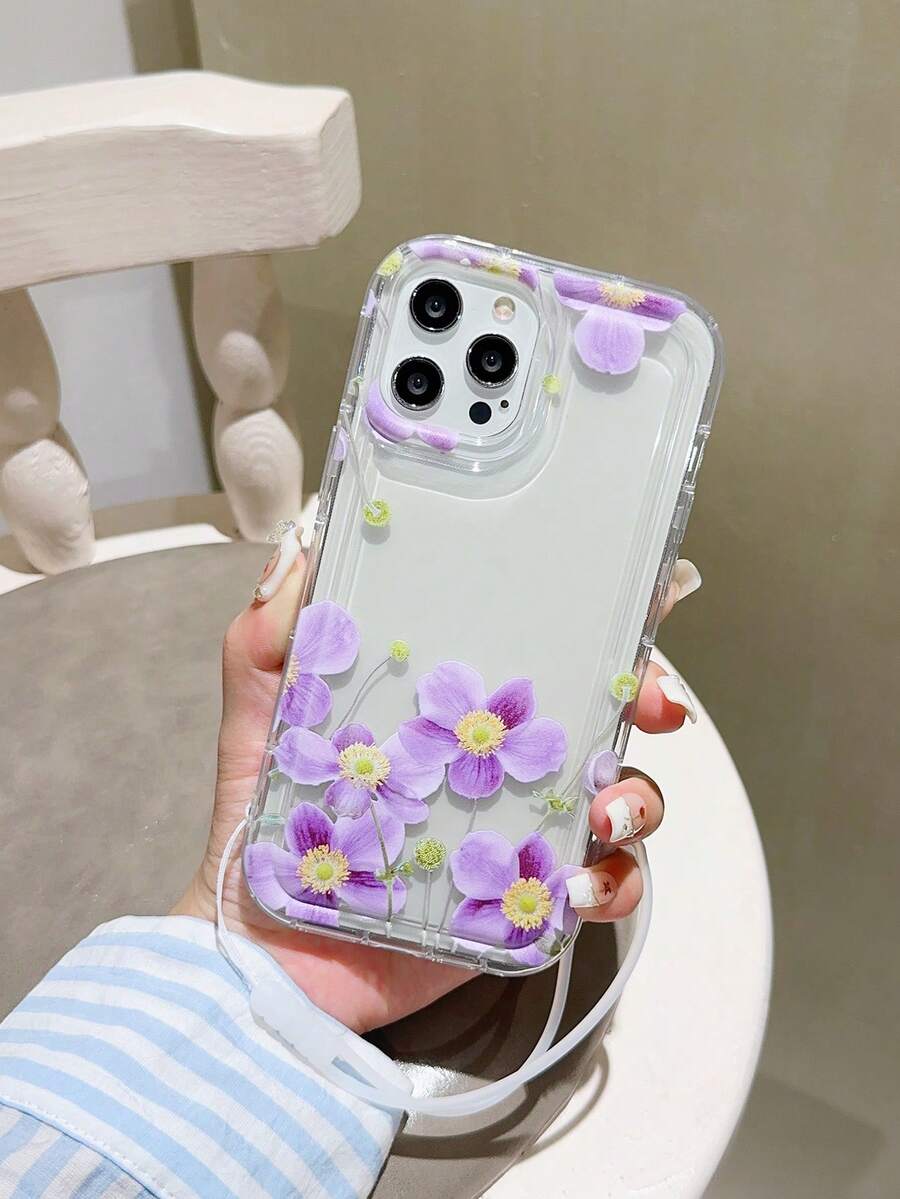 Purple Flower Pattern Airbag Phone Case + Silicone Cord Compatible With Iphone 13/14/15 Pro Max - Purple - View 1