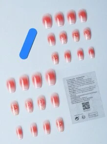 改变您的指甲，24 件短棺材白色法式和花朵，渐变设计全覆盖假指甲套装，包含 1 个指甲锉和 1 个果冻凝胶，适合女士和女孩日常佩戴