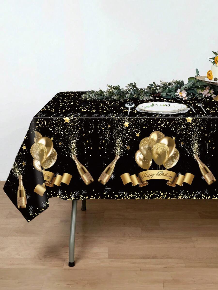 1pc Black & Gold Balloon Pattern Disposable Rectangular Plastic Tablecloth, Perfect For Decorating Birthday Party Adult Party Tables, Birthday Party Dining Table Decor, Party Gift Birthday Decor Tablecloth - Black Gold - View 1