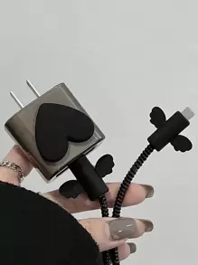 Cartoon Heart 1.5m Cable Winder, Strain Relief Design Data Cable And Charging Head Protector 5pcs/Set Compatible With Apple Devices, 20w Fast Charging Data Cable Cable Protector, Charger Protector - Black - View 3
