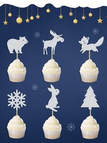 12pcs/24pcs Christmas Woodland Animal Deer, Bear, Fox, Rabbit, Snowflake Paper Cake Toppers, Winter Christmas Animal Theme Baby Birthday Party Cake Decorations