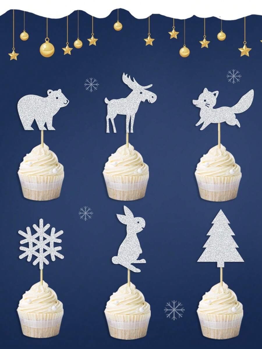 12pcs/24pcs Christmas Woodland Animal Deer, Bear, Fox, Rabbit, Snowflake Paper Cake Toppers, Winter Christmas Animal Theme Baby Birthday Party Cake Decorations