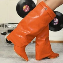 Botas Veganas De Tacón Grueso Hasta La Rodilla - Naranja - Ver 5