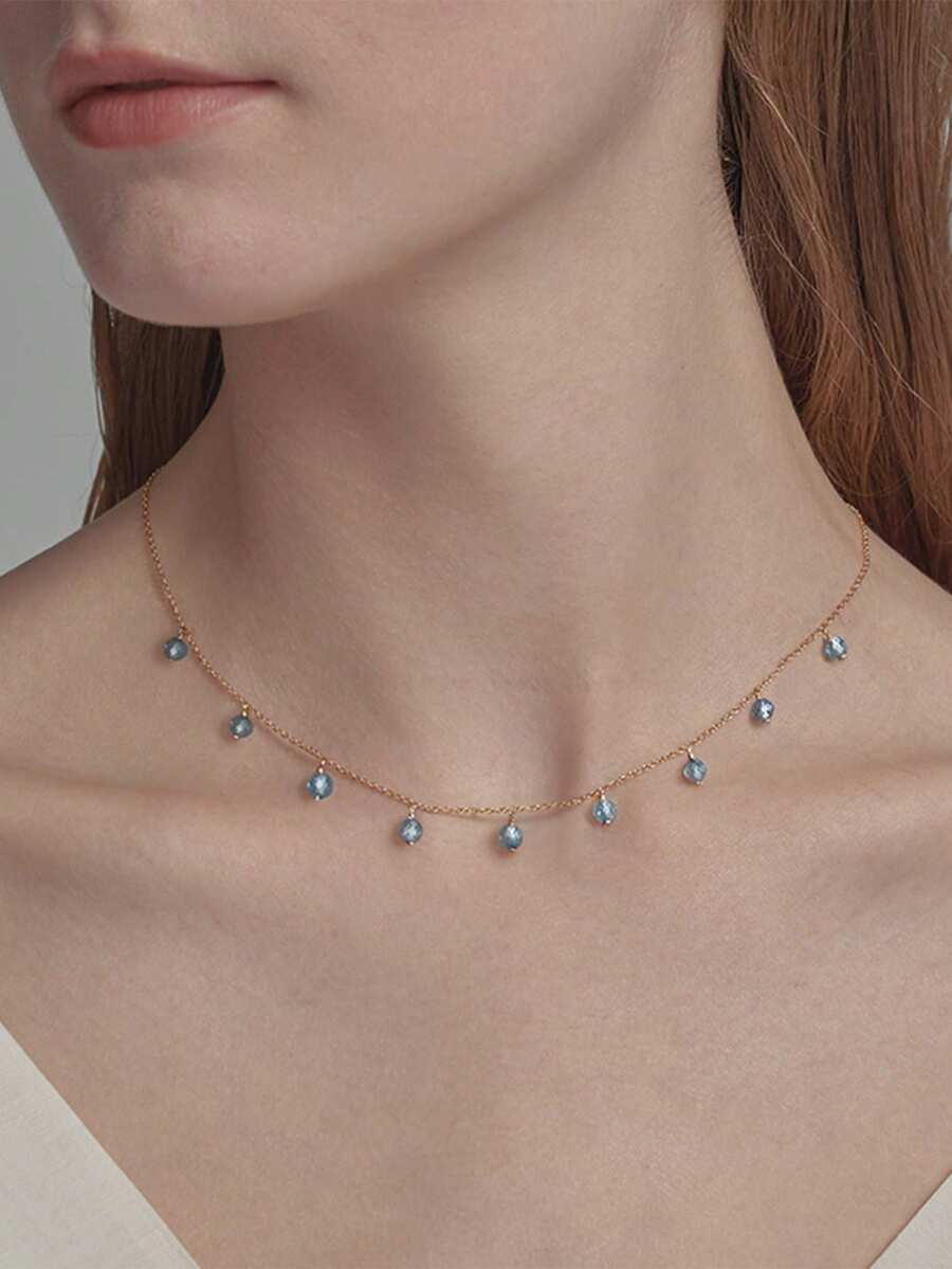 1 件女士夏夜繁星項鍊 - 天然淺藍色托帕石 925 鍍金銀鍊,優雅浪漫,適合送禮和日常佩戴