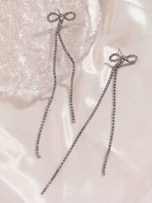 1對女性簡約精緻蝴蝶結鑲滿鑽石長流蘇耳環 - 槍黑色 - 查看 4