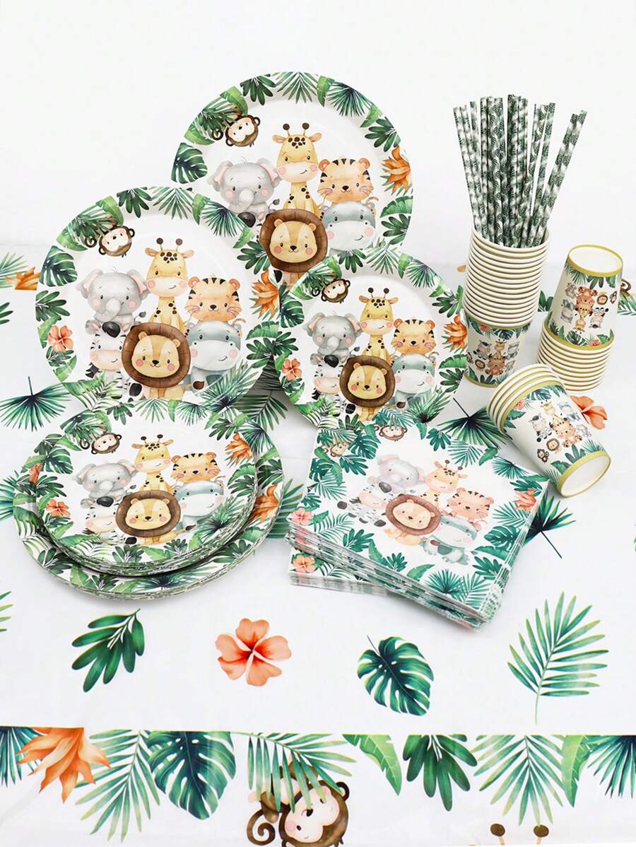 106/61pcs Jungle Animal Theme Tableware Set Palm Leaves Print Paper Plates Cups Straws Tablecloth Napkins Birthday Table Decoration Wild One Forest Safari Birthday Party Supplies