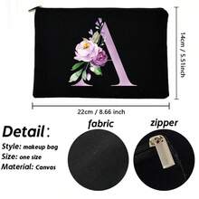 Flower & Letter A 設計女士黑色化妝包,旅行化妝收納袋,拉鍊袋,伴娘手提包,單件派對禮物