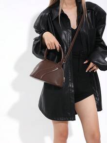 Solid Color Fashionable Simple Shell Shaped Casual Shoulder Bag - Coffee Brown - View 3