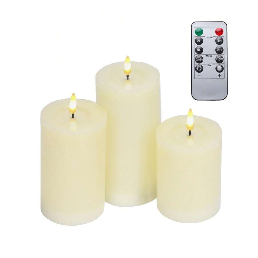 带遥控定时器的无焰蜡烛，用于家庭/婚礼装饰的 LED 蜡烛，室内遥控蜡烛电池供电（不含电池）婚礼生日装饰（深：3 * 高：4、5、6 英寸） - 米色 - 查看 1