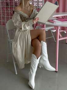 女士刺繡防滑尖頭粗跟西部牛仔靴,適用於派對、春/秋季,帶側拉鍊的時尚戶外靴 - 白色 - 查看 2