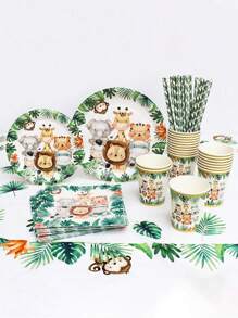 106/61pcs Jungle Animal Theme Tableware Set Palm Leaves Print Paper Plates Cups Straws Tablecloth Napkins Birthday Table Decoration Wild One Forest Safari Birthday Party Supplies