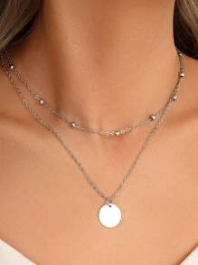 1pc Women's Double Layered Silver-tone Clavicle Necklace With Round Bead & Disc Pendant, Vintage & Simple