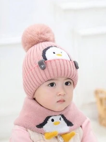 2入組小企鵝粉色兒童帽圍巾套裝,嬰兒厚實針織帽子保暖秋冬