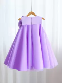 Purple Big Bow Decor Tulle Christmas Party Elegant Dress, Princess Dress, Girls Birthday Party Gift Outfit, Flower Girl Wedding Gown, Holiday Celebration - Purple - View 2