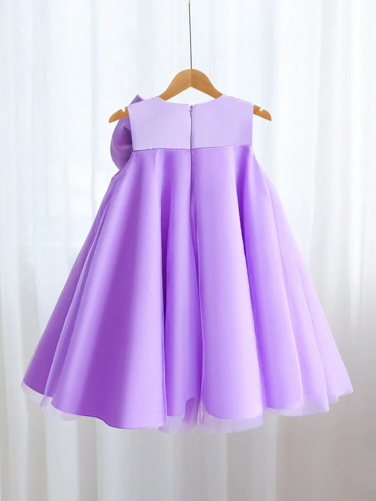 Purple Big Bow Decor Tulle Christmas Party Elegant Dress, Princess Dress, Girls Birthday Party Gift Outfit, Flower Girl Wedding Gown, Holiday Celebration
