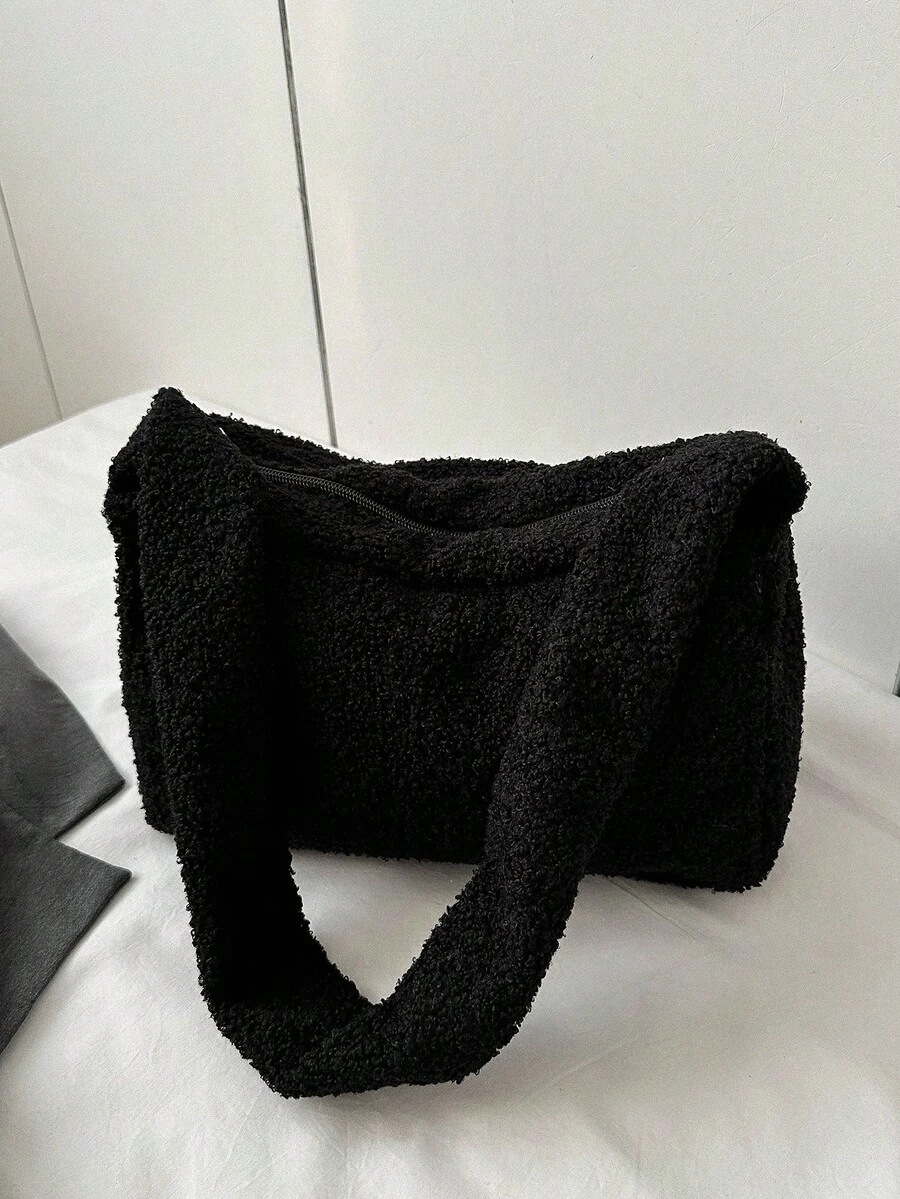 New Fashionable Velvet Chic Shoulder Bag - Black - View 1