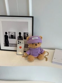 時尚卡通毛絨泰迪熊肩袋,金屬鏈帶肩帶,兒童款,男女皆宜