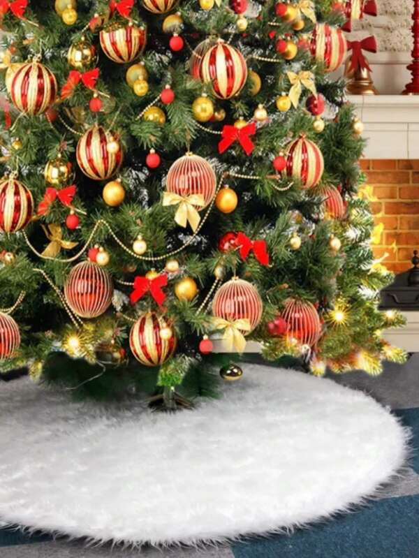 1pc Plush Decoration Carpet, Super Soft Long White Christmas Tree Skirt/ Christmas Tree Apron/ Christmas Tree Decoration/ Christmas Tree Bench