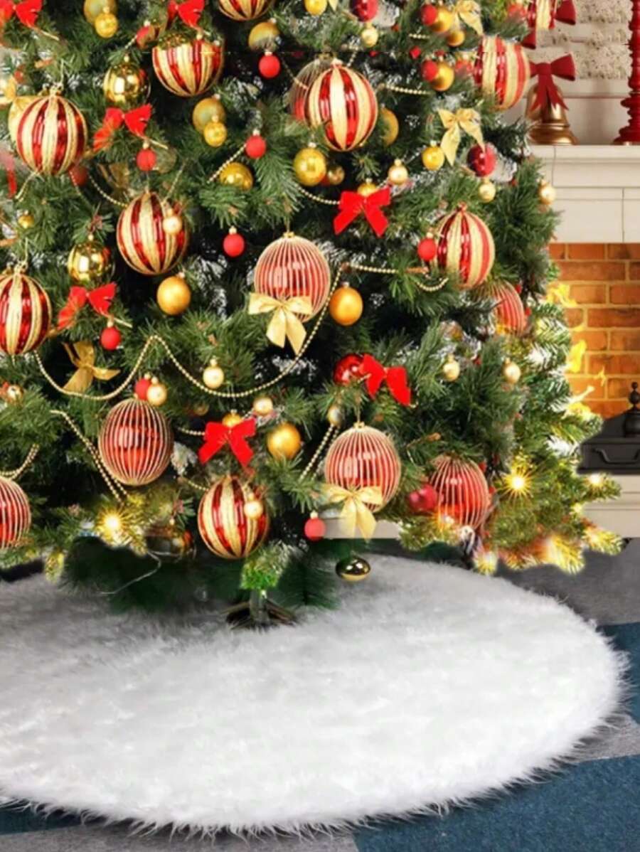 1pc Plush Decoration Carpet, Super Soft Long White Christmas Tree Skirt/ Christmas Tree Apron/ Christmas Tree Decoration/ Christmas Tree Bench
