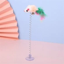 1pc Multicolor Feathered Sucker Spring Cat Toy With Bell And Sound Effect(random Colors/real Feather) - Multicolor - View 2