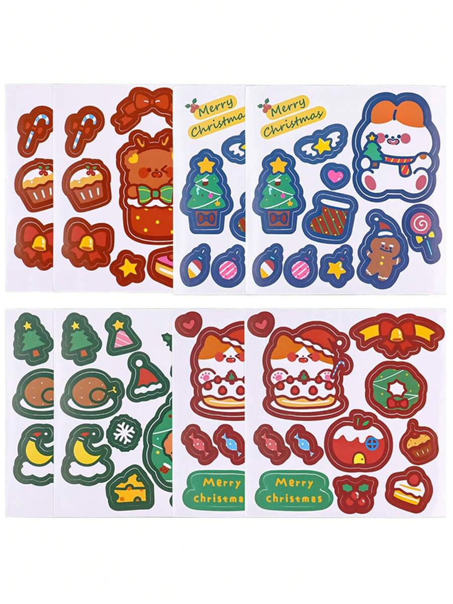 8入組卡通聖誕貼紙,聖誕快樂可愛裝飾貼紙,學生聖誕禮物