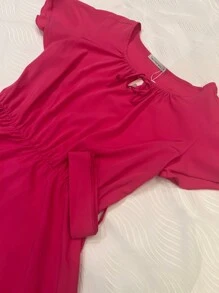 MODA FEMININO/Lançamento Vestido Plus Size Liso e flor/mangas de sino duplo/cintura elástica com cinto de amarração/com amarra frete - Pink - Visão 5