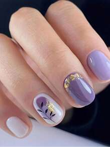 24 件短方形紫色復古金箔和葉子設計美甲套裝,適合女士和女孩,按壓式指甲 - 彩色 - 查看 1