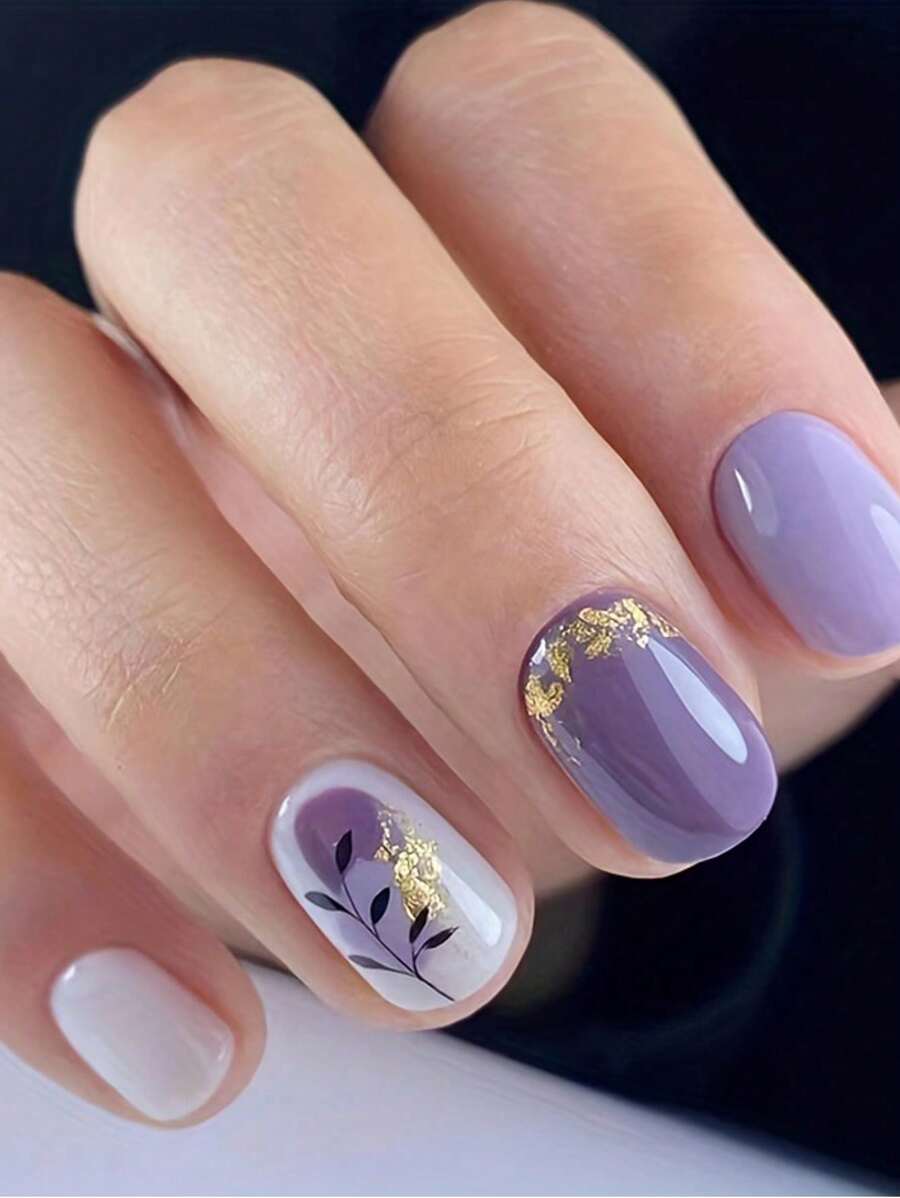 24 件短方形紫色復古金箔和葉子設計美甲套裝,適合女士和女孩,按壓式指甲 - 彩色 - 查看 1