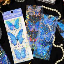 1set/3pcs Blue Butterfly Stickers For Decorating Student's Diary, Made Of Pet Material - Blue - View 1