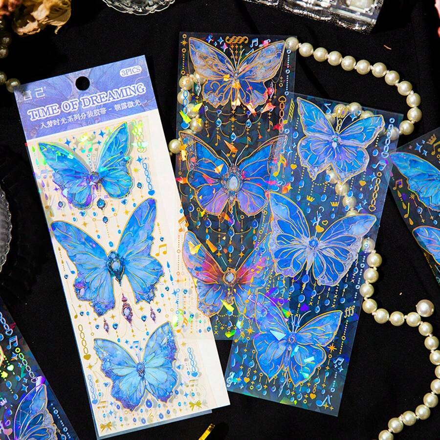1set/3pcs Blue Butterfly Stickers For Decorating Student's Diary, Made Of Pet Material - Blue - View 1