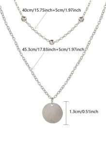 1pc Women's Double Layered Silver-tone Clavicle Necklace With Round Bead & Disc Pendant, Vintage & Simple