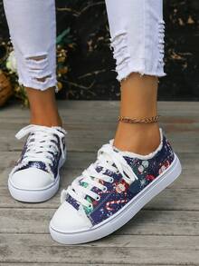 歐美女花印花平底休閒帆布鞋大尺寸43