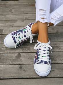歐美女花印花平底休閒帆布鞋大尺寸43