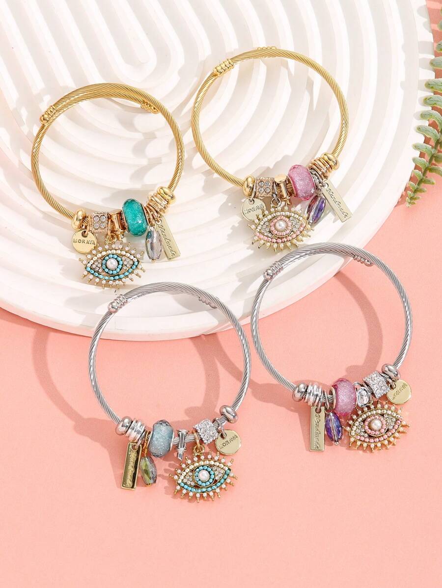 1pc Stainless Steel Bracelet With Crystal Teardrop, Demon Eye & Lipstick Charm Pendant, Round Tag, Good For Holiday Gift & Friends - Pink - View 1