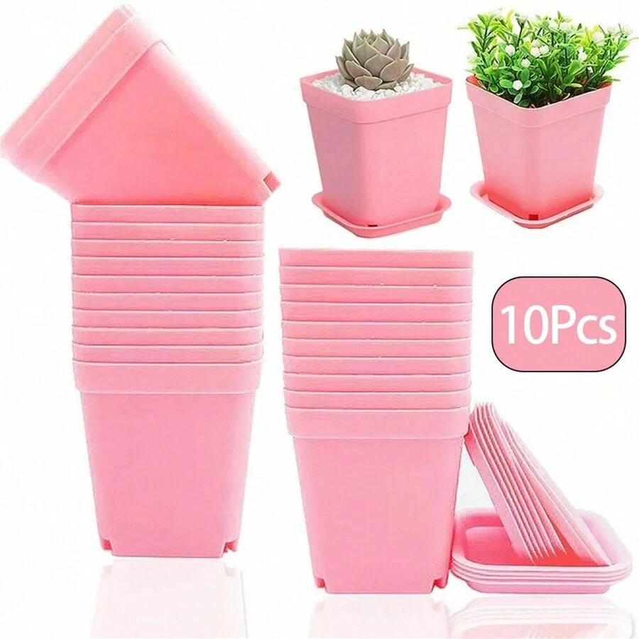 10pcs Colorful Square Plastic Nursery Seedling Pots For Home Garden Planting - Pink - View 1