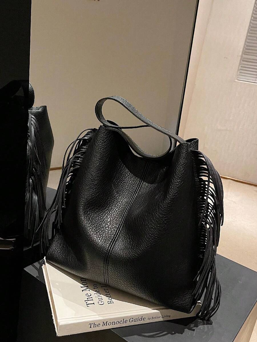 1pc Black Fringe Design High-end & Unique Style Large Capacity Fashion & Minimalist Shoulder Bag - Black - View 1