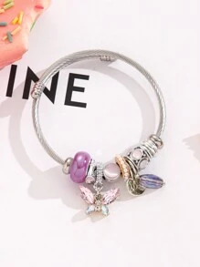 1入組水晶蝴蝶吊墜愛標籤水滴貓眼陶瓷口紅假珍珠diy不銹鋼手鍊甜蜜愛的禮物,高端時尚