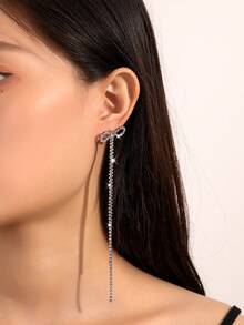 1對女性簡約精緻蝴蝶結鑲滿鑽石長流蘇耳環 - 槍黑色 - 查看 1