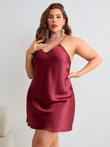 Plus Size Women's Sexy V-Neck Slip Dress - Burgundy - View 1