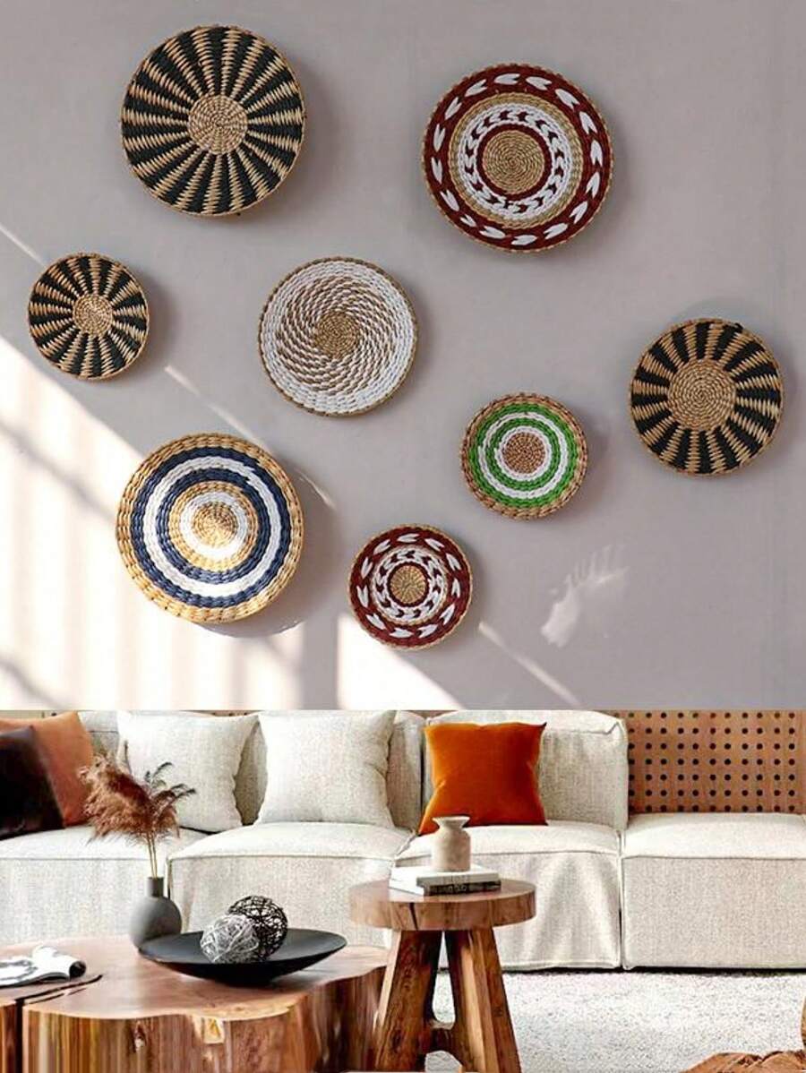 1pc Handmade Woven Round Wall Decorative Plate, Bohemian Style Bedside