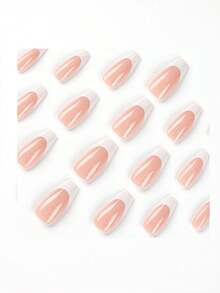24入組+果凍+貼紙。可穿戴美甲貼片,簡約法式風格帶白邊,中長度 - 粉色 - 查看 3