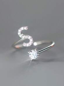 1入組精美優雅立體氧化鋯字母戒指，開口可調式女性女孩紀念基本戒指母親節，聖誕節禮物 - 銀色 - 查看 24