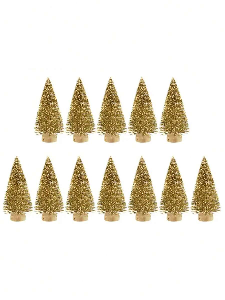 12 cái Mini Cây thông noel Với Vải bố , Lụa Tuyết tùng , Nhà Đồ trang trí , DIY Mini Vàng Cây thông noel - Vàng - Xem 1