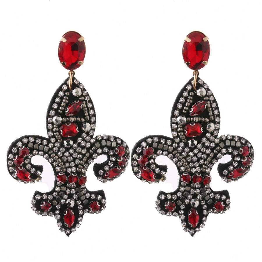 1pair Statement Red Glass Rhinestone Sewn Earrings For Women, Perfect For Party & Daily Wear - Geometry - View 1